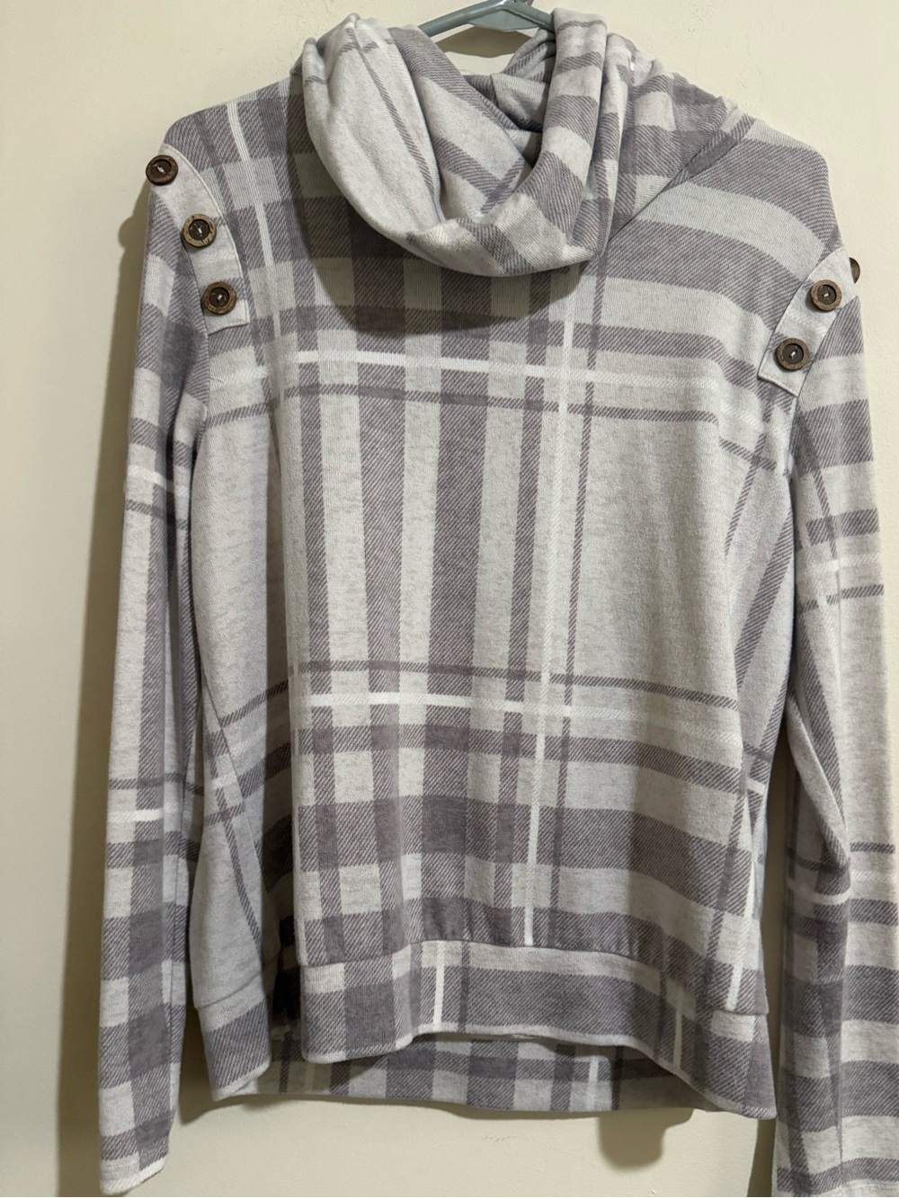 Plaid Cowl Neck Sweater Hoodie in Light Gray